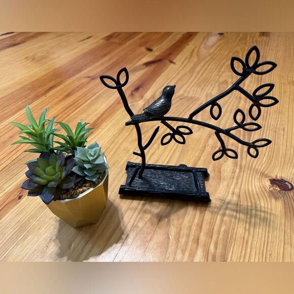 Jewelry Tree Earring Necklace Hanger Holder w/ Ring Dish Tray Black Bronze Metal - Picture 1 of 6